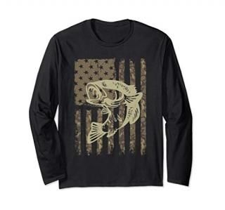 Camouflage USA Flag Big Mouth Bass Vintage Fishing Long Sleeve T-Shirt
