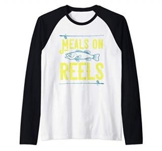 Meals on Reels Funny Fishing Raglan Baseball Tee