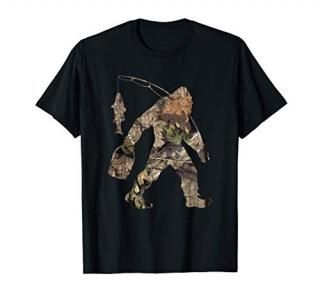 Fishing Bigfoot Carrying Fishing Pole Camo Yeti Sasquatch T-Shirt
