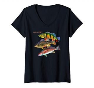 Womens Black Fly Peacock Smallmouth Bass Fishing Redfish Sun Shirts V-Neck T-Shi