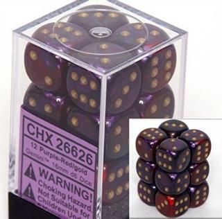 Chessex Dice d6 Sets Gemini Purple & Red with Gold - 16mm Six Sided Die 12 Block