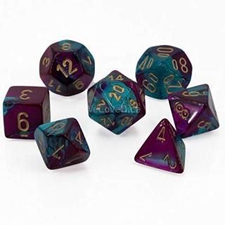 Chessex Manufacturing Cube Gemini Set Of 7 Dice - Purple & Teal With Gold Number