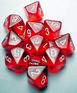 Chessex d10 Translucent 10 Dice Set Red and White - Revised