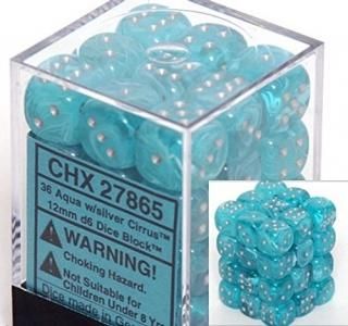 Chessex Dice d6 Sets Cirrus Aqua with Silver - 12mm Six Sided Die 36 Block of Di