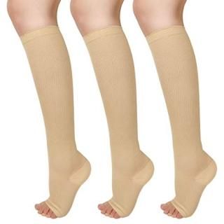 3 Pairs Open Toe Compression Socks Women Knee High Toeless 15-25 mmHg S/M