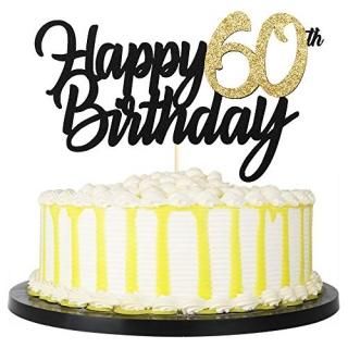 PALASASA Black Gold Glitter Happy Birthday cake topper - 60 Anniversary/Birthday