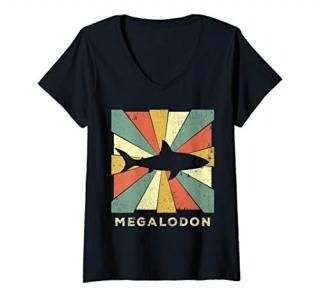 Womens Vintage Megalodon Lover Retro Style Animal V-Neck T-Shirt