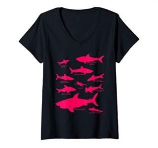 Womens Types of Sharks Marine Biology Megalodon Great White V-Neck T-Shirt