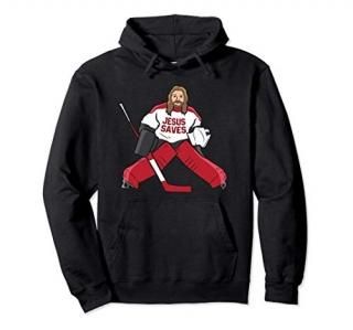 Funny Hockey Jesus Saves Hockey Goalie Pullover Hoodie
