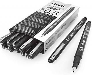Pentel Arts Pointliner Drawing Pen 0.5mm Black Ink Box of 12 S20P-5A 0.5 mm