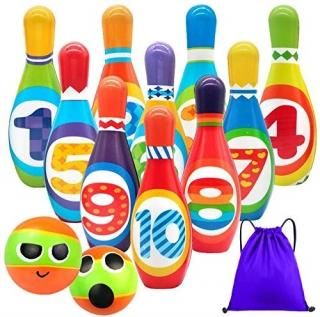 Kids Bowling Set Toddlers Toys 10 Indoor Colorful Soft Foam Pins 2 Bowling Balls