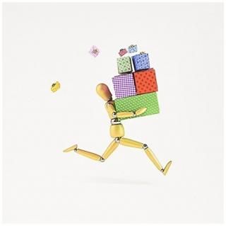 륹ƥ饤󥬡饹? Illustrations??Wooden mannequin Rushing With A Bunch of Gifts A