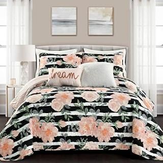 Amara Watercolor Rose Quilt Black/Dusty Rose 5Pc Set Full/Queen