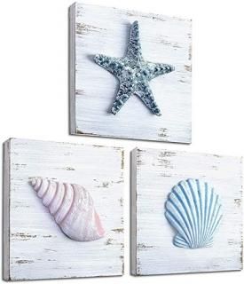 TideAndTales Beach Theme Seashell Wall Decor Set of 3  Shells and Starfish Beach