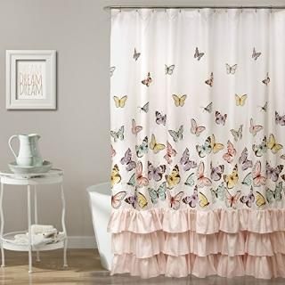 Lush Decor Pink Flutter Butterfly Shower Curtain  Textured Ruffle Print Fabric B