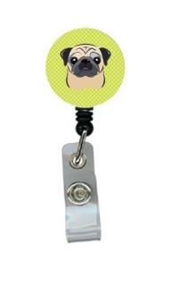 Carolines Treasures BB1324BR Checkerboard Lime Green Fawn Pug Retractable Badge 