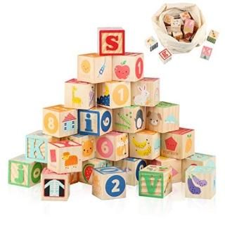 Joqutoys Wooden ABC Building Blocks for Toddlers Wood Alphabet Number Baby Block