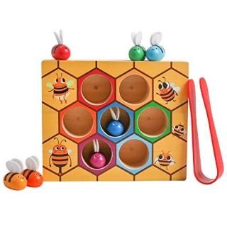 Toddler Fine Motor Skill Toy Clamp Bee to Hive Matching Game Montessori Wooden B