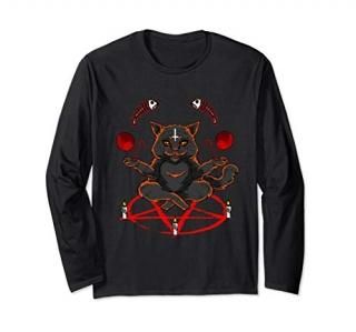 Evil Yarn Juggling Black Cat Devil Occult Satanic Pentagram Long Sleeve T-Shirt
