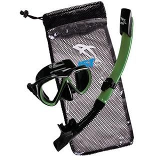 IST Snorkeling Combo Set Mask Semi-Dry Snorkel Mesh Travel Bag Black Silicone & 