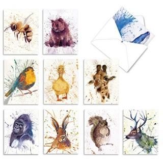 Wildlife Splash - 10 Watercolor Blank Note Cards with Envelopes 4 x 5.12 Inch - 