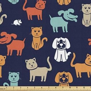 Ambesonne Animals Fabric by The Yard Cartoon Style Cat Dog and Mouse Silhouettes