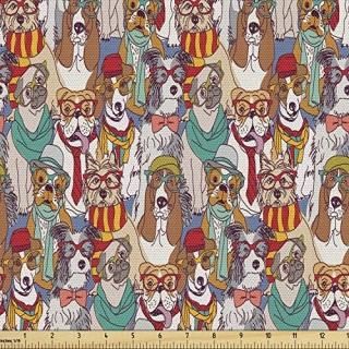 Ambesonne Dog Fabric by The Yard Hipster Bulldog Schnauzer Pug Breeds with Glass