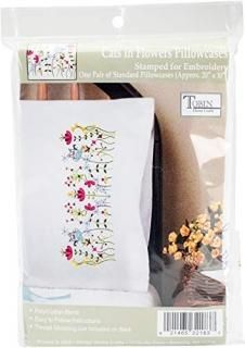 Tobin Stamped For Embroidery Pillowcase Pair 20X30-Cats In Flowers