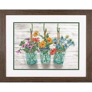 Dimensions 70-35378 Flowers in Mason Jars Cross Stitch Kit 14 Count White Aida C