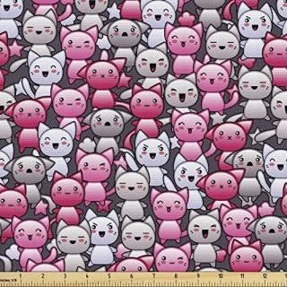 Ambesonne Cat Fabric by The Yard Kawaii Doodle Cats Pattern Smiling Winking Chee