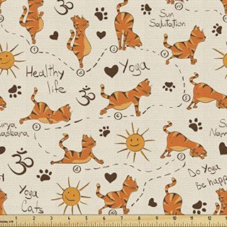 Ambesonne Cat Fabric by The Yard Do Yoga Be Happy Theme Orange Cats in Positions