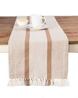 Table Runner Tan - Sticky Toffee Cotton Woven Table Runner with Fringe Tradition