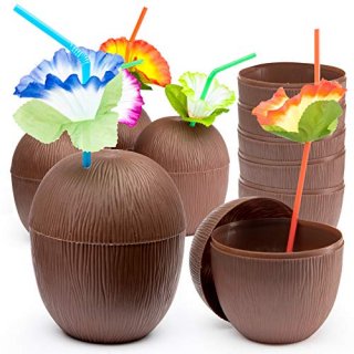 Prextex 18 Pack Coconut Cups for Hawaiian Luau Kids Party with Hibiscus Flower S