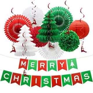 Merry Christmas Banner Party Decorations Hanging Paper Fans Pom Poms Flowers Pap