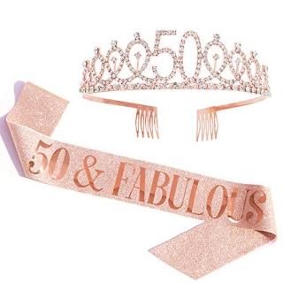 50 and Fabulous Sash & Rhinestone Tiara Set - 50th Birthday Sash 50 Birthday Gif