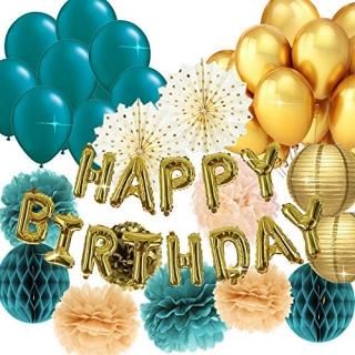 Teal Gold Birthday Decorations for Women Gold Happy Birthday Balloons Polka Dot 