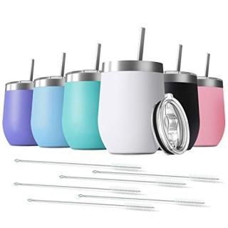 Deitybless 6 Pack 12 oz Stainless Steel Wine Tumbler with Slip Lids Double Wall 