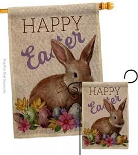 Breeze Decor Bunny Burlap Garden House Flag Set Spring Easter Happy Egg Christia