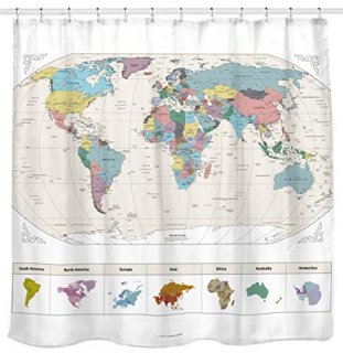 World Map - NEW Map of the World Shower Curtain with Detailed Major Cities. PVC 