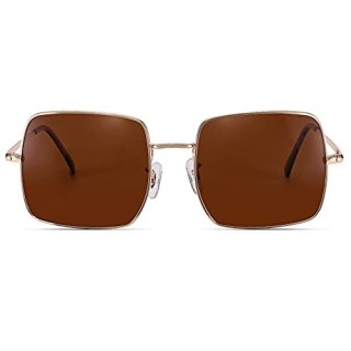 Classic Metal Square Polarized Sunglasses for Women Men Gold frame Brown lens