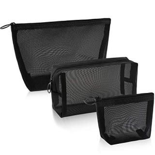 3 Pieces Mesh Cosmetic Bag Mesh Makeup Bags Black Mesh Zipper Pouch for Offices 
