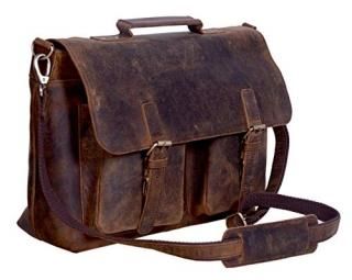 KomalC Leather Briefcase 15 Inch Retro Buffalo Hunter Leather Laptop Messenger B