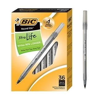 BIC Round Stic Xtra Life Ballpoint Pen Medium Point 1.0mm Black 36-Count