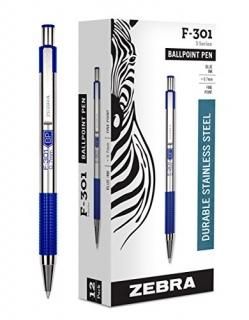 12 Pack Blue - Zebra F-301 Ballpoint Stainless Steel Retractable Pen Fine Point 