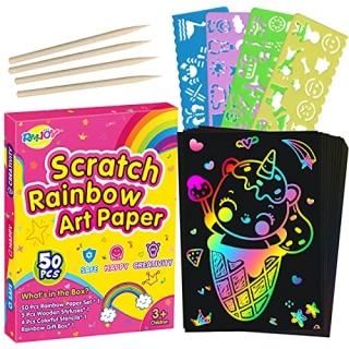 RMJOY Rainbow Scratch Paper Sets 50pcs Magic Art Craft Scratch off Papers Suppli