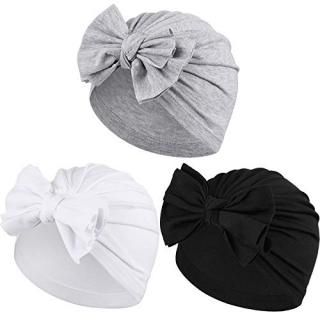3 Pieces Baby Bow Knot Turban Hats Beanie Headwraps for Toddlers Girls Black Whi