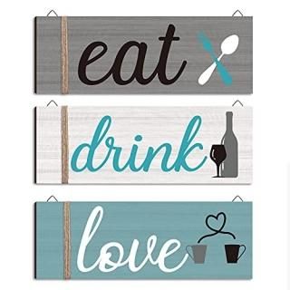 Jetec 3 Pieces Wood Home Sign Rustic Wooden Kitchen Wall Decor Eat Drink Love Wo