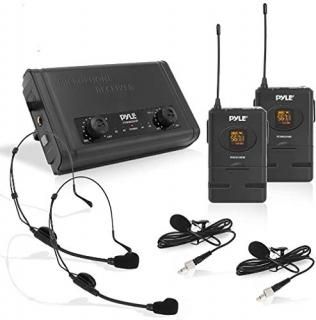 Pyle Compact UHF Wireless Microphone System-Pro Portable Dual Channel Desktop Di