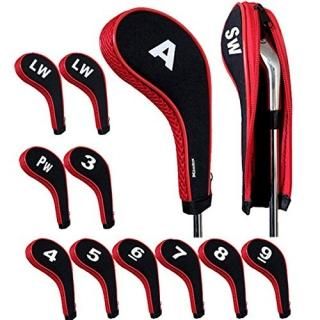 Andux Number Print Golf Iron Covers with Zipper Long Neck 10pcs/set Black/red Mt