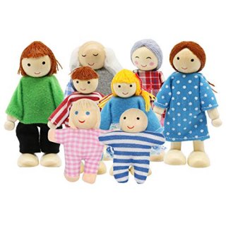 PUCKWAY Lovely Family Dollhouse Dolls Set of 8 Wooden Little People Figures Kids